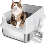 KISENG Stainless Steel Cat Litter Box, M High Sides Litter Box | High Sides Lid Open Top Low Entry Litter Pan Easy Cleaning Kitty Cat Box Anti-Urine Leakage Non-Sticky Include Scoop