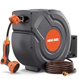 Upgraded Retractable Garden Hose Reel 5/8 inch x 100 ft 9 Pattern Nozzle Heavy Duty Wall-Mounted Any Length Lock Automatic Slow Return 180° Swivel Hose Reels for Outside UV Resistant