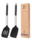 Pack of 2 Silicone Solid Turner, Non Stick Slotted Kitchen Spatulas, High Heat Resistant BPA Free Cooking Utensils, Ideal Cookware for Fish, Eggs, Pancakes(Black)