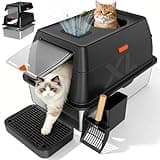 Tevila Extra Large Stainless Steel Litter Box with Lid, High Sided Enclosed Metal Cat Litter Pan, Dog Proof Front Entry Top Exit, Odor Control Easy Clean Leak Proof, Includes Scoop & Step, Black