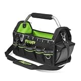 AWP Tool Tote with Handle and Shoulder Strap, 18in, 1 Bag, Black and Green | 600 denier polyester, 15 pockets with MOLLE webbing, Reinforced stitching and water resistant for heavy-duty use on jobsite