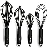 Anaeat Silicone Kitchen Whisk Set of 4, Perfect for Non-Stick Cookware, Egg Beater Milk Blender for Whisking, Cooking, Baking, Beating - 11'' Flat Whisk and 9''+11''+12'' Balloon Whisks (Black)