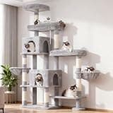 Hey-brother Cat Tree Tower with Stable Extended Base, 3 Platforms, MPJ038W | 70.9 Inches Multi-Level Sisal Scratching Posts, Wide Bed, 2 Cozy Condos, 2 Hammocks, Toy Balls for Indoor Cats, Light Gray