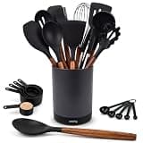SMIRLY Silicone Kitchen Utensils Set, 22-Piece Acacia Wood Handle, Black