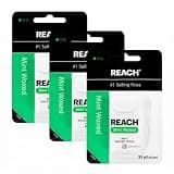 REACH Waxed Dental Floss, Mint, Plaque Remover for Teeth, Shred Resistant, Floss Slides Smoothly, Easy to Use, Waxed, Deep Cleaning Teeth, Oral Care, PFAS Free, for Adults & Kids, 55 yd,(Pack of 3)