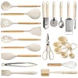 CAROTE 22-Piece Cooking Utensils Set with Wood Cool-Touch Handles, Cream