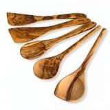 OLIVIKO™ 100% Olive Wood HANDMADE 5 Spoon Set | Ideal for Nonstick Cookware & Kitchen Utensils | Cooking, Baking & Serving | Eco-friendly BPA free 3 SPOONS & 2 SPATULAS (Classic utensils)