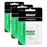 REACH Waxed Dental Floss, Mint, Plaque Remover for Teeth, Shred Resistant, Floss Slides Smoothly, Easy to Use, Waxed, Deep Cleaning Teeth, Oral Care, PFAS Free, for Adults & Kids, 55 yd,(Pack of 3)