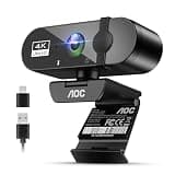 AOC 4K Webcam for PC, Streaming Computer Camera with Noise-Canceling Mic | 80° FOV, Privacy Cover, Plug & Play, Zoom/Skype/FaceTime Compatible, Works with Mac/Laptop/Switch 2, USB C-A Adapter Included