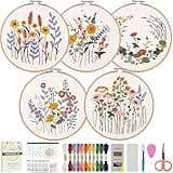 CYANFOUR 5 Pack Beginner Embroidery Kit for Adults, Easy to Learn Floral Embroidery Patterns from Video & Instruction, Needlepoint Kits for Adults Include Embroidery Hoop, Colorful Threads, Tools