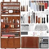 TLKKUE Leather Tooling Kit Leather Craft Tools Leatherworking Kit with Custom Handbag Cutting Mats Engraving Punching Sewing Stamping Sanding Tools for Handicraft Work Professional