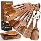 Wooden Spoons for Cooking, 12 Pcs Teak Wood Kitchen Utensils Set with Spoon Rest - Nonstick Heat Resistant Wooden Cooking Utensils, Natural Healthy Spatula Set for Pots and Pans