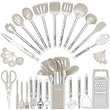 Kitchen Utensil Set-Silicone Cooking Utensils-33 Kitchen Gadgets & Spoons for Nonstick Cookware-Silicone and Stainless Steel Spatula Set-Best Kitchen Tools, Useful Pots (Khaki)