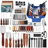 Leather Working Tools Kit, Leather Tooling Kit with Double Layer Storage Box, Heavy Duty Sewing Kit, Professional Working Tools and Supplies for DIY Stamping Cutting Engraving Punching Sewing