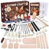 Leather Crafting Kit: Leather Working Tools and Supplies for DIY Craft Beginners Stamping Dyeing Carving Sewing Edge Sealing with Video Tutorials for Earrings Wallet Keychain Wristband Bookmark