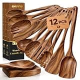 Wooden Spoons for Cooking, 12 Pcs Teak Wood Kitchen Utensils Set with Spoon Rest - Nonstick Heat Resistant Wooden Cooking Utensils, Natural Healthy Spatula Set for Pots and Pans