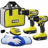 RYOBI Drill Impact Driver Combo Kit 18V ONE+ Cordless 2-Tool Set with Batteries Charger Tool Bag + Gloves