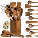 Fyctio 12 PCS Natural Acacia Wooden Utensil Set Wooden Spoons for Cooking | Non-Toxic, Nonstick Safe, Sturdy & Easy to Clean, Comes with Holder, Spoon Rest & 6 Hooks, Perfect Practical Kitchen Gift